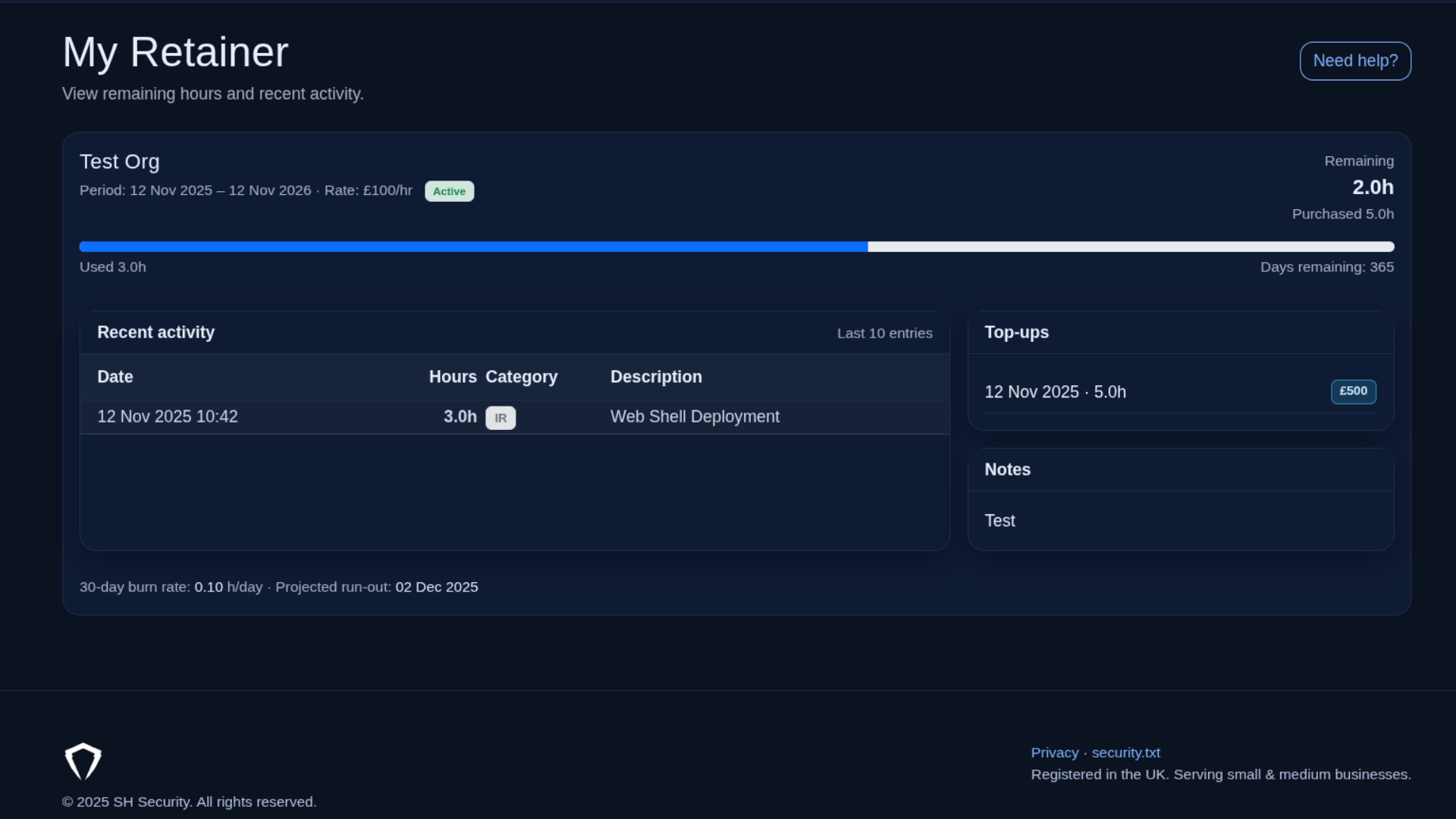 SH Security retainer portal screenshot